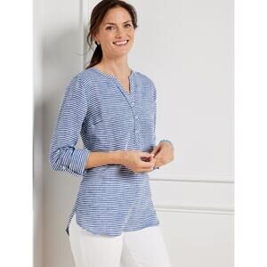 Talbots Pure Linen Popover Shirt Small Blue Striped Lightweight Beach Nautical